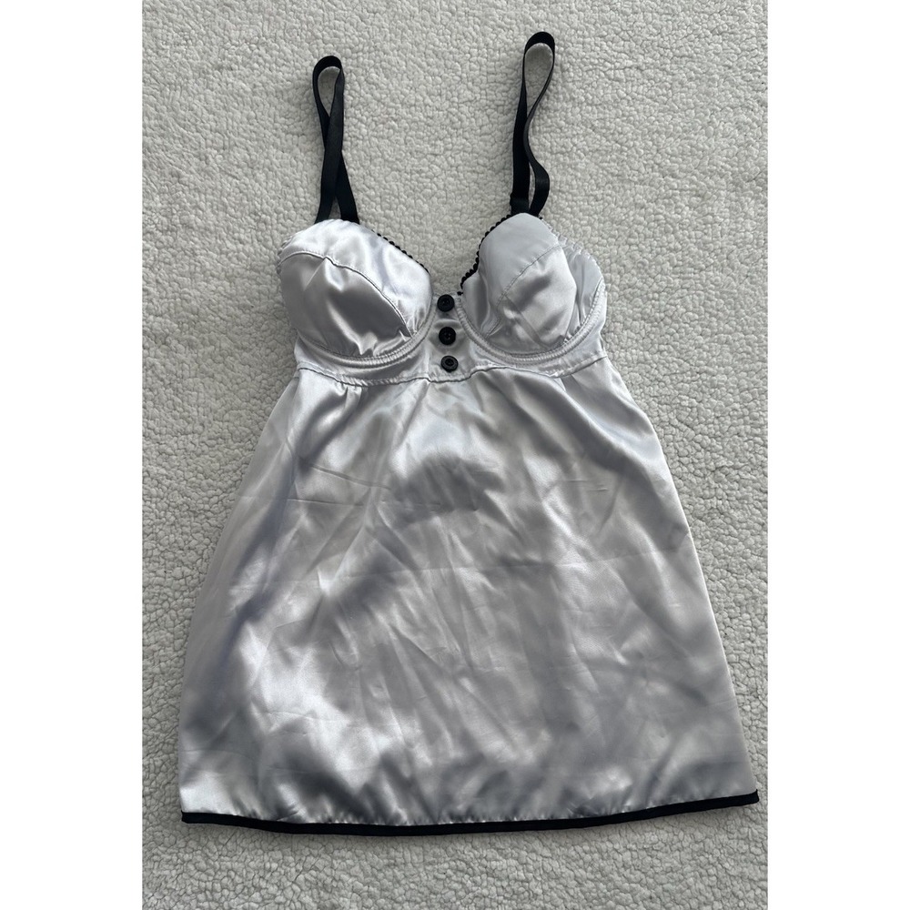 White Satin Slip Dress Babydoll Nightgown Black Trim Size M Camisole Lingerie